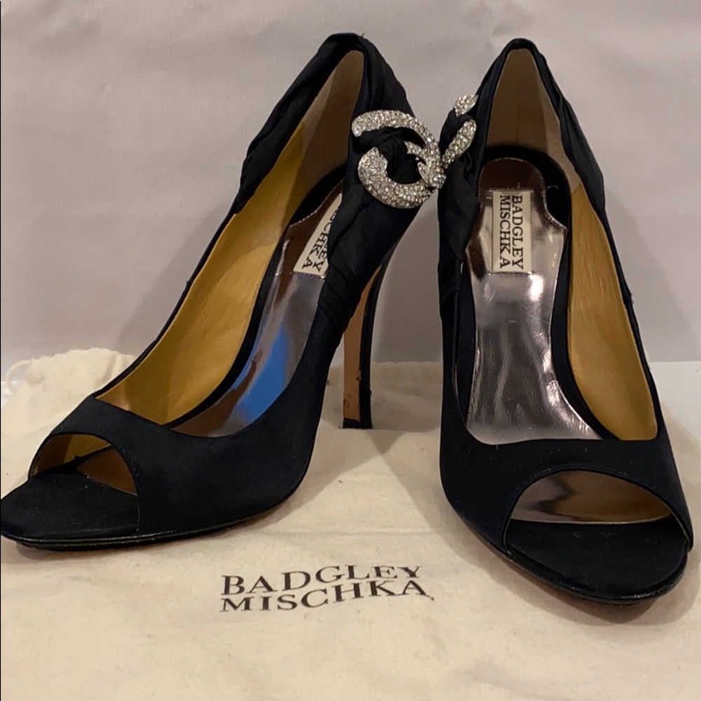 Badgley Mischka Black Open Toe Satin Pumps